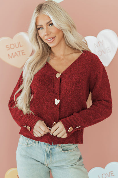 Chicory Coffee Heart Metal Button V Neck Cardigan Sweater