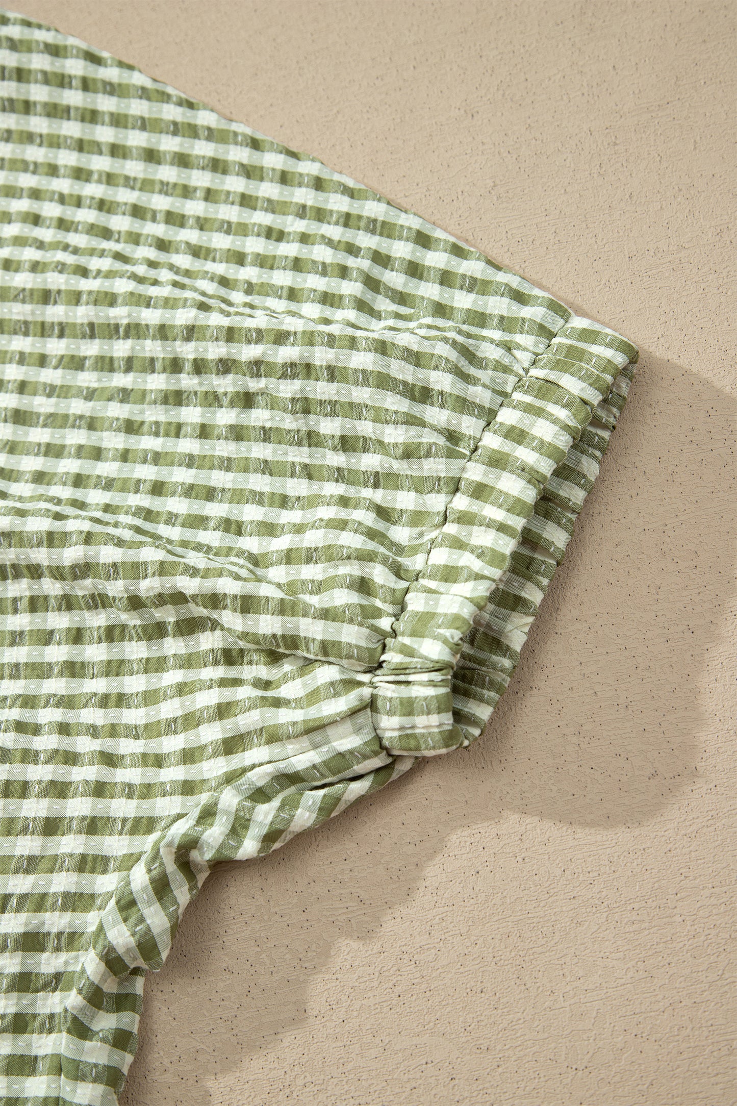 Plaid Short Sleeve Colorblock Trim Split Neck Blouse