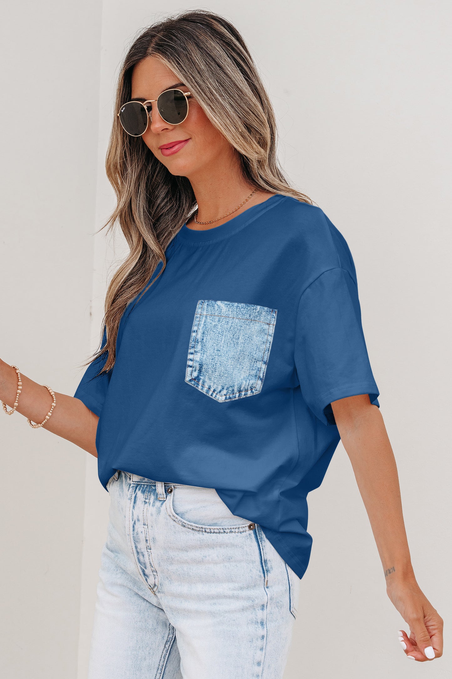 Color Block Chest Pocket Patched Casual Short Sleeve Top