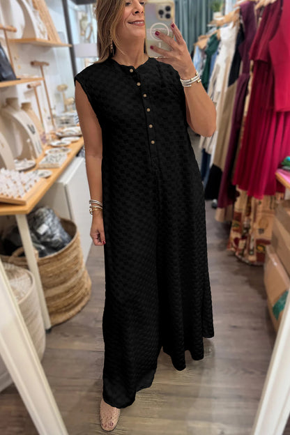 Half Buttons Sleeveless Wide Leg Textured Jumpsuit
