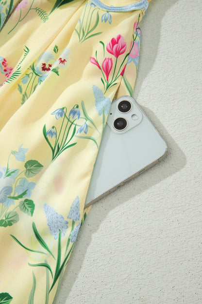 Floral Print Contrast Trim Self-tie Straps High Waist Midi Dress