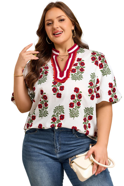 Plus Size Floral Print Ricrac Striped Trim Short Sleeve Cotton Blouse