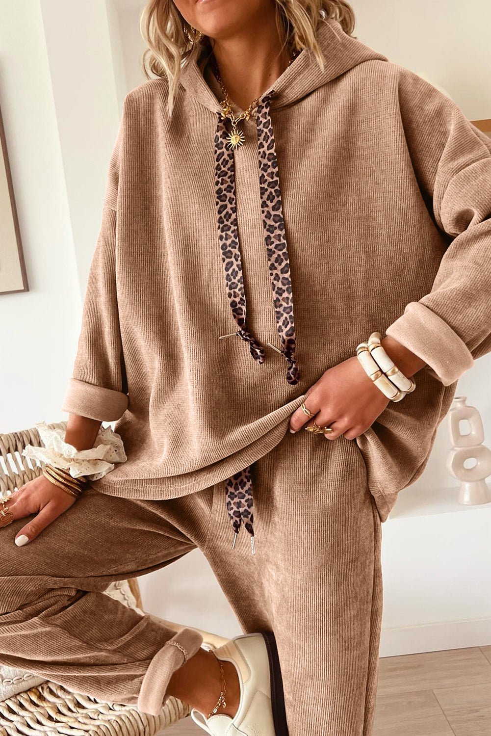 Lace Drawstring Pullover Hoodie and High Waist Pants Corduroy Suit