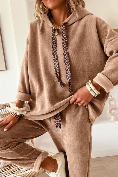 Lace Drawstring Pullover Hoodie and High Waist Pants Corduroy Suit