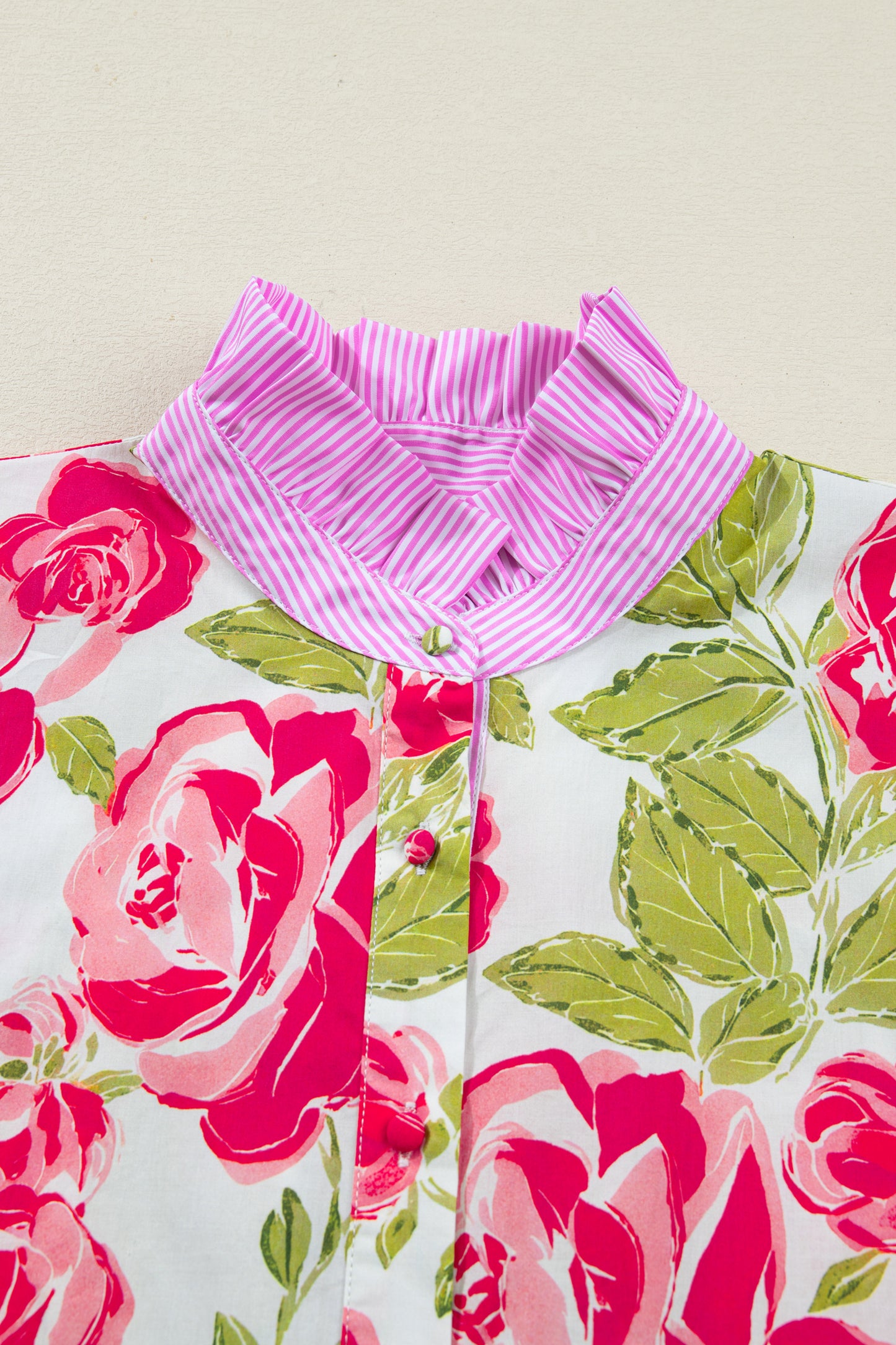 Pink Flower Print Striped Trim Frilled Collar Short Sleeve Shirt