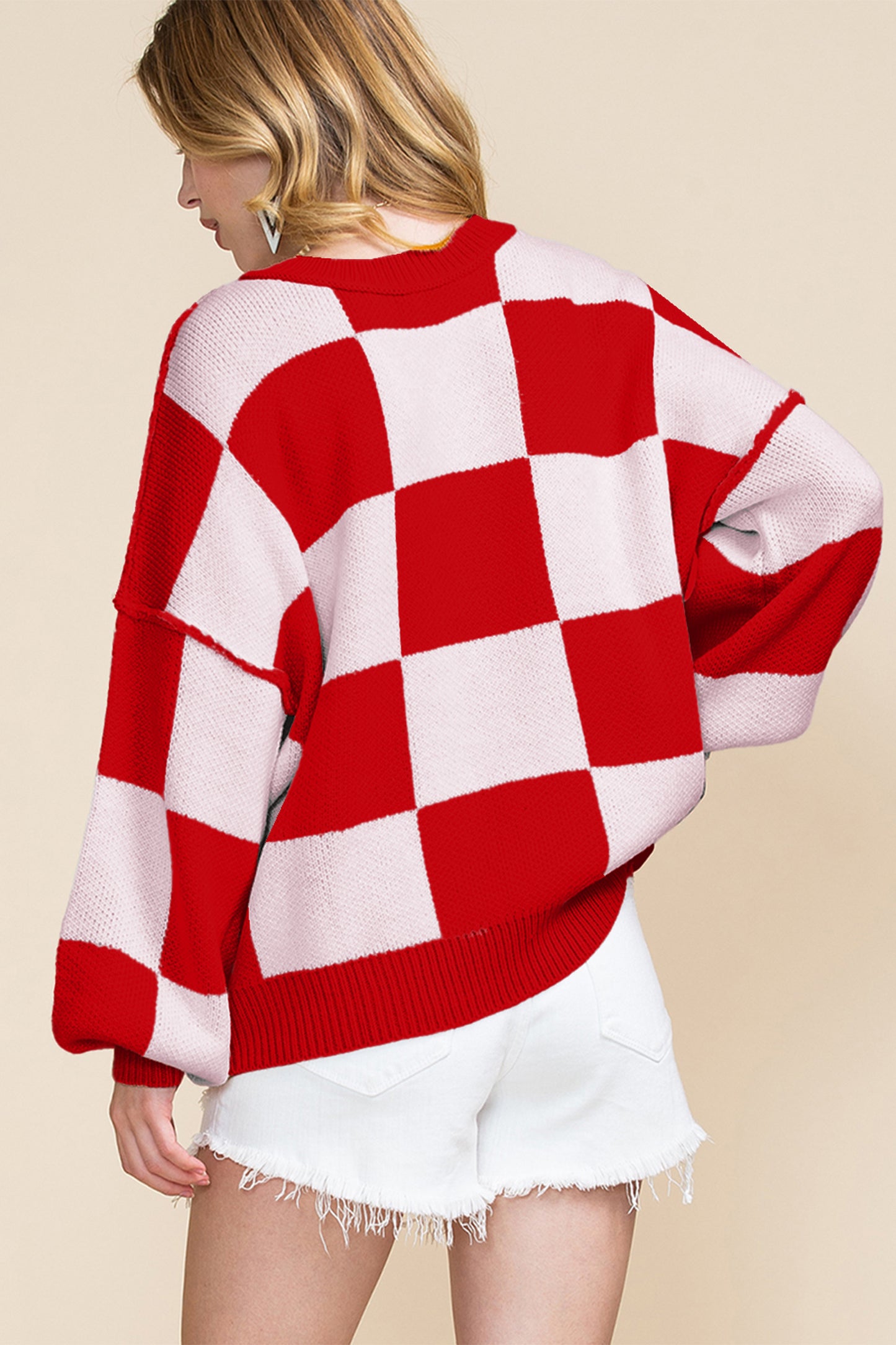 Khaki Checkered Bishop Sleeve Sweater