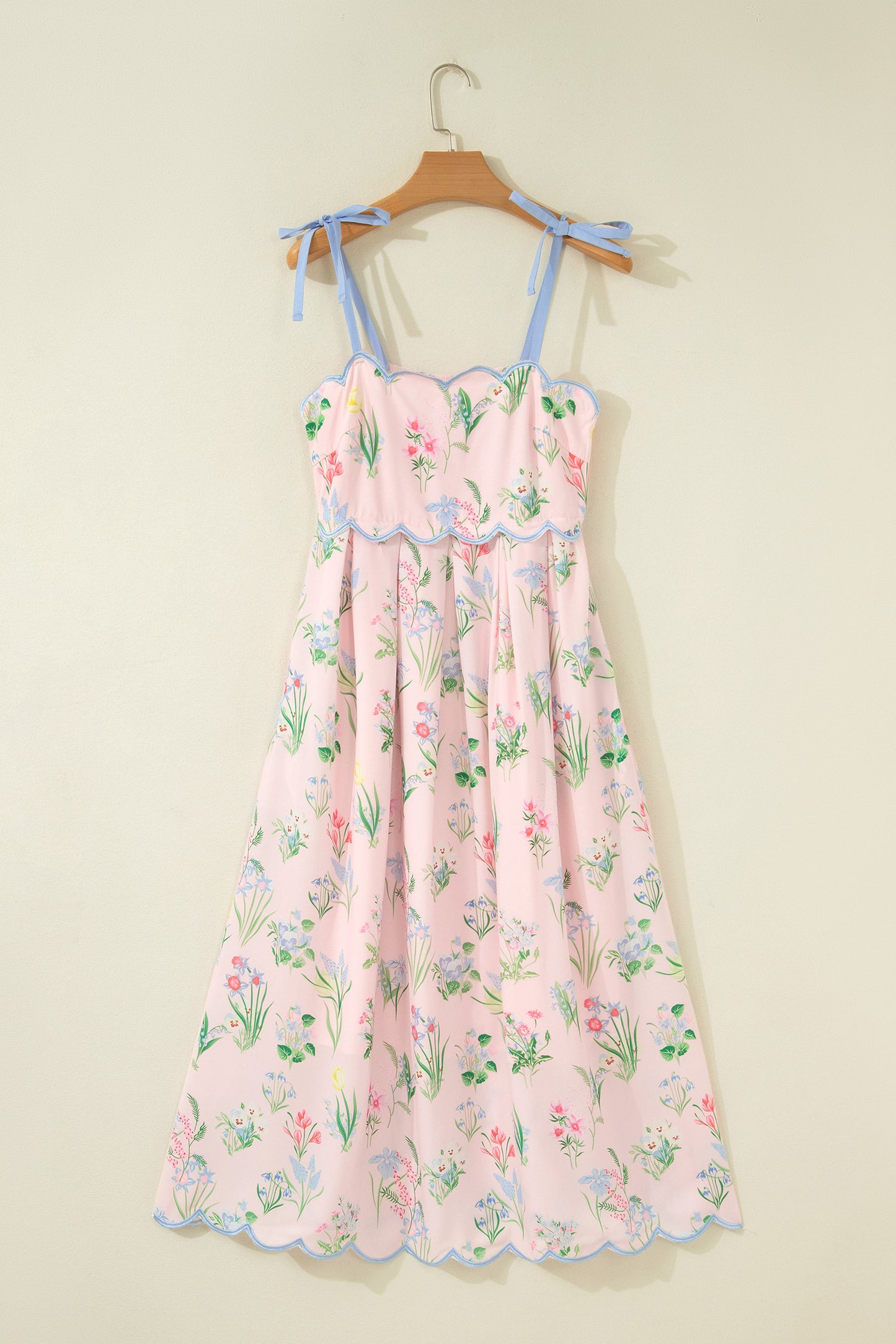 Floral Print Contrast Trim Self-tie Straps High Waist Midi Dress