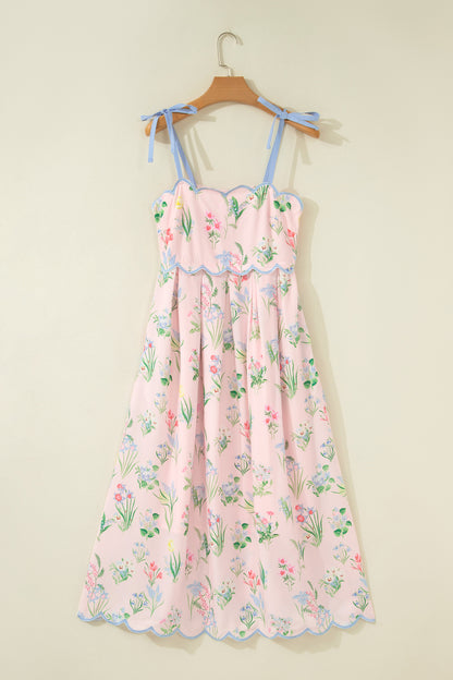 Floral Print Contrast Trim Self-tie Straps High Waist Midi Dress