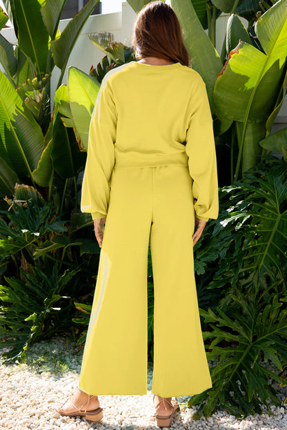 Drop Shoulder Puff Sleeve Crop Pullover Drawstring Wide Leg Pants Set
