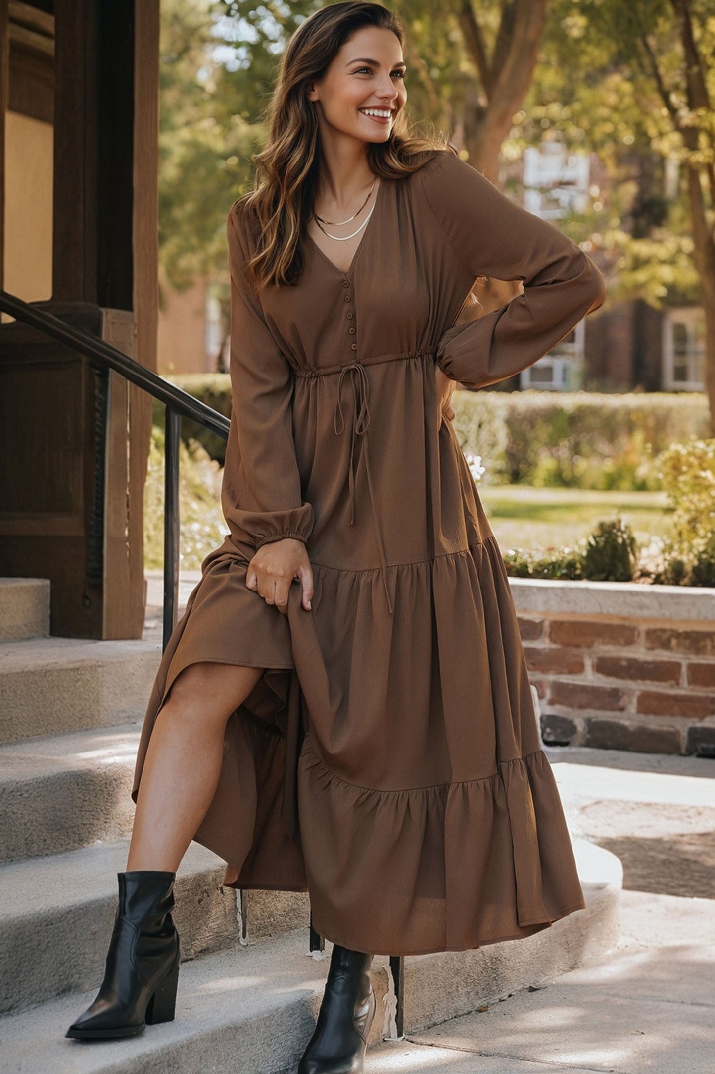 Burgundy Solid Long Sleeve Button V Neck Tiered Maxi Dress