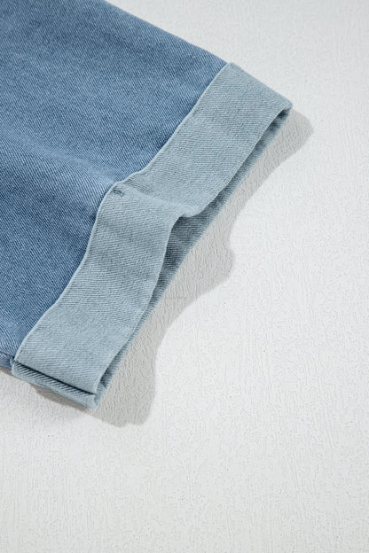 Beige Denim Color Block Patchwork Round Neck Tee
