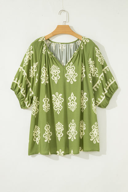 Green Boho Chic Notched V Neck Plus Floral Short Sleeve Top