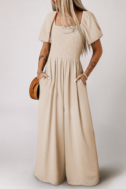 Apricot Short Bubble Sleeve Smocked Wide Leg Jumpsuit