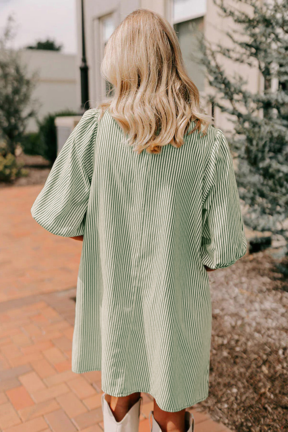 Stripe Color Block Patchwork Shirt Collar Button Down Puff Sleeve Mini Dress