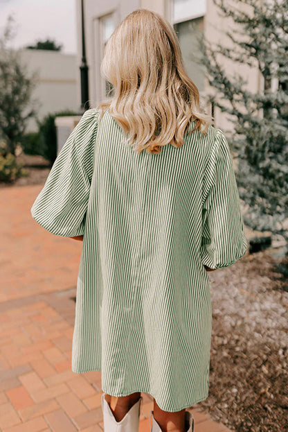 Stripe Color Block Patchwork Shirt Collar Button Down Puff Sleeve Mini Dress