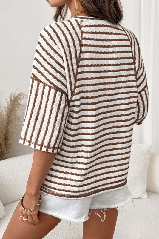 Stripe Textured Knit Split Hem Half Sleeve Loose Top