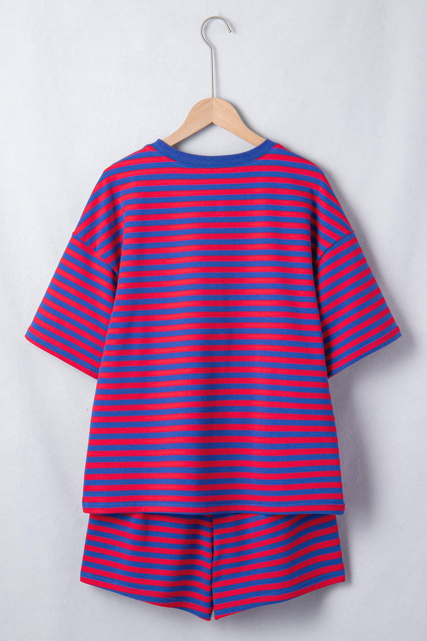 Striped Ribbed Cotton Two-Piece Short Set with Chest Patch Detail
