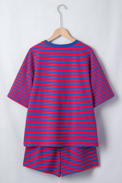 Striped Ribbed Cotton Two-Piece Short Set with Chest Patch Detail