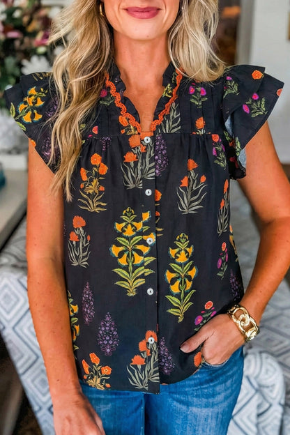 Black Floral Print Lace Trim Frilled V Neck Short Sleeve Shirt