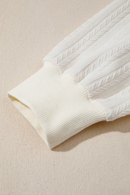 Beige Solid Color Textured Sleeve Patchwork Half Zip Hoodie