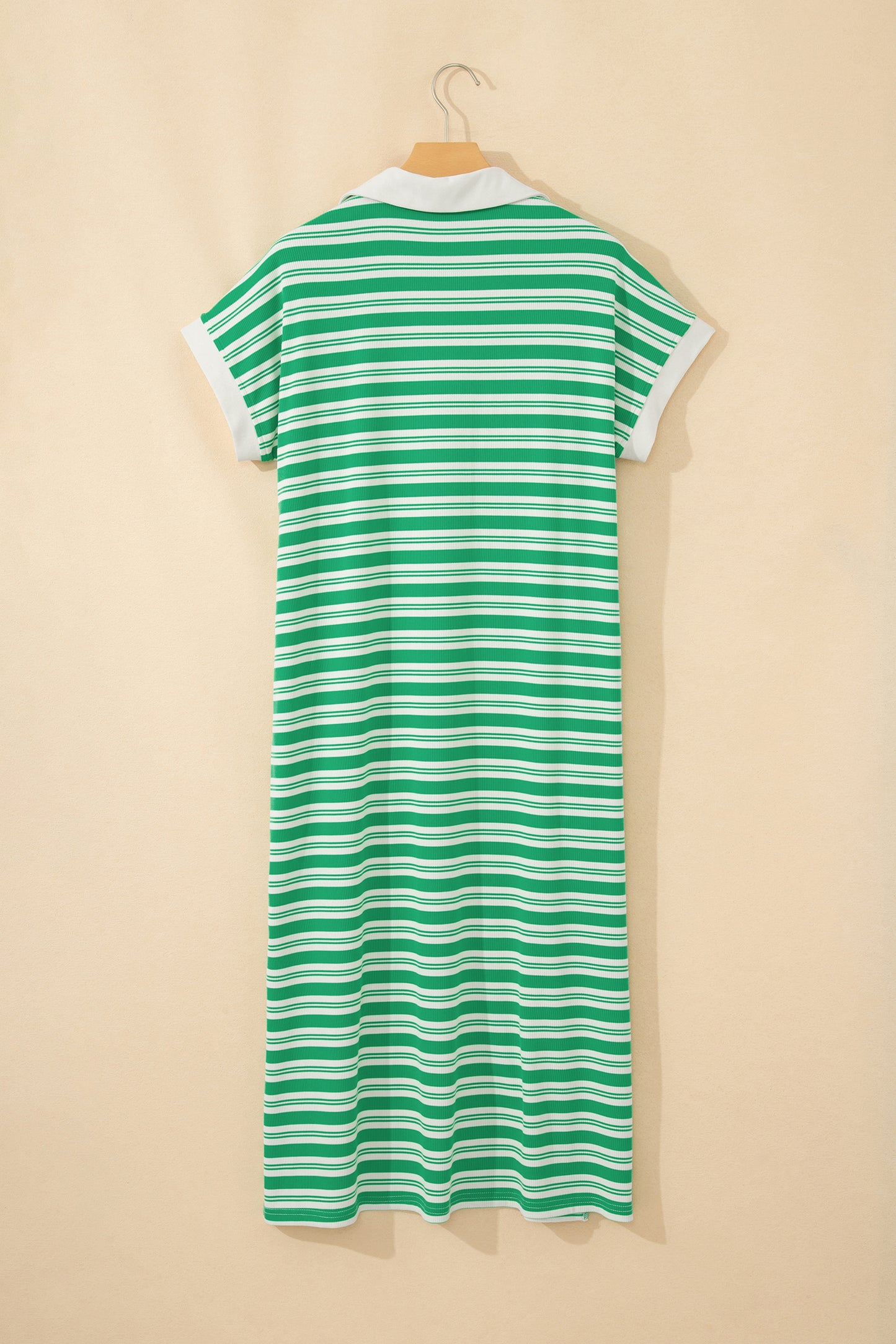 Stripe Collared V Neck Short Sleeve T Shirt Midi Dress with Pockets