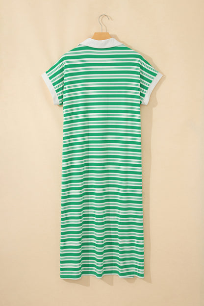 Stripe Collared V Neck Short Sleeve T Shirt Midi Dress with Pockets