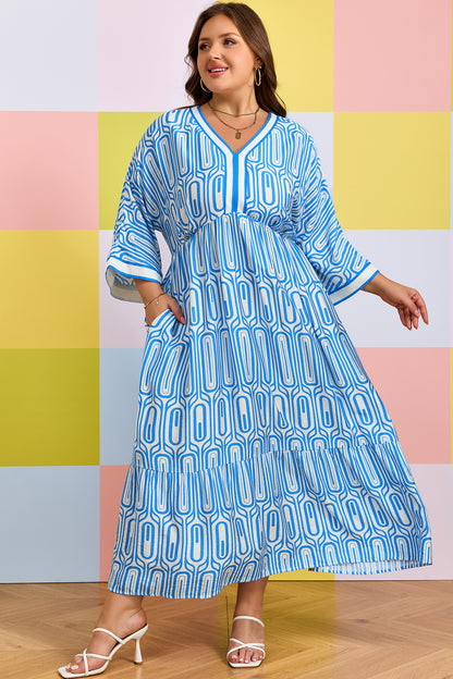 Plus Size Geometric Print Contrast Trim V Neck Bracelet Sleeve Long Dress