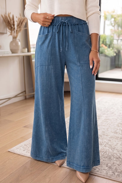 Mineral Wash Seam Detail Flare Leg Drawstring Pants