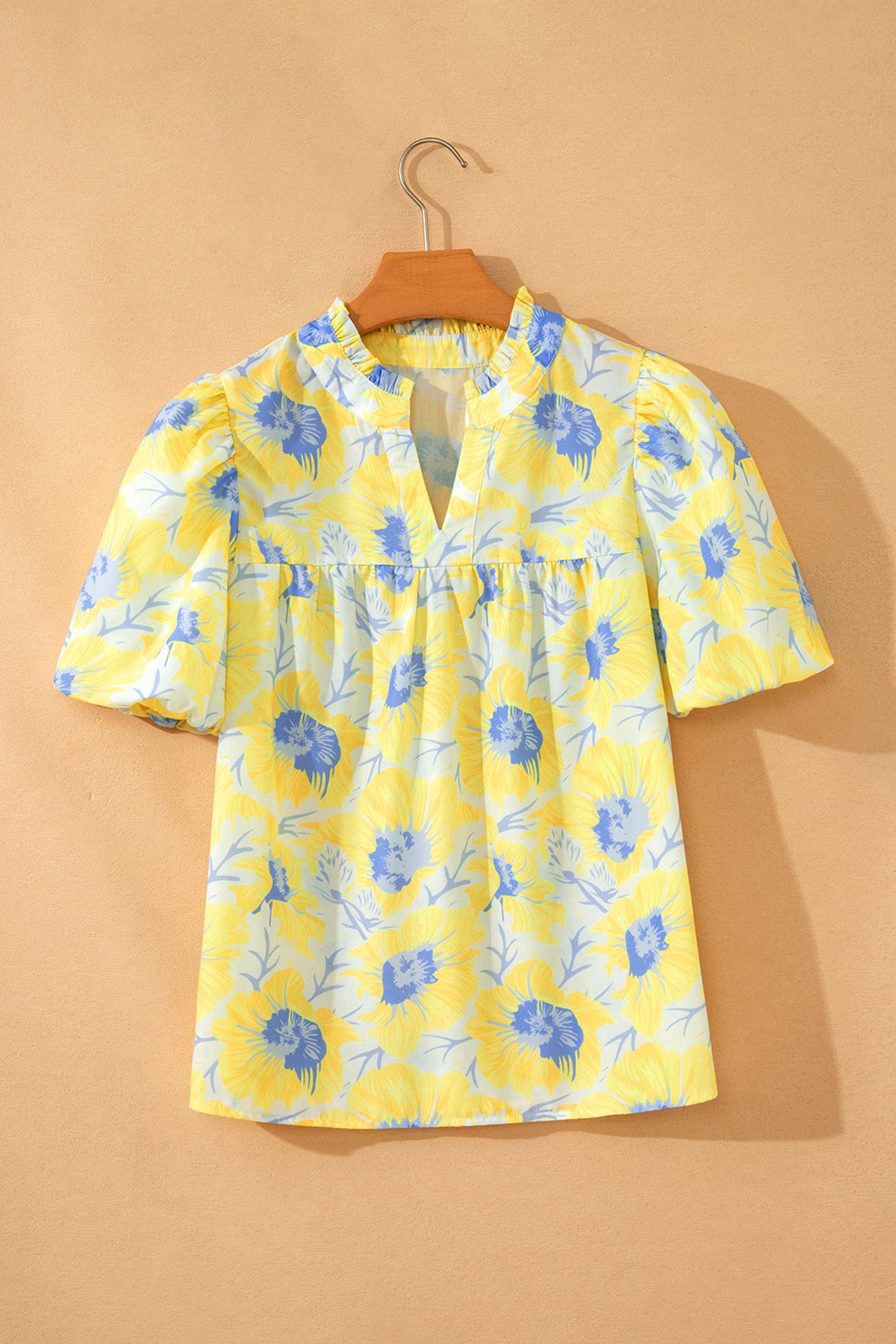 Short Bubble Sleeve Summer Floral Blouse