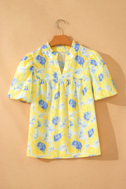 Short Bubble Sleeve Summer Floral Blouse