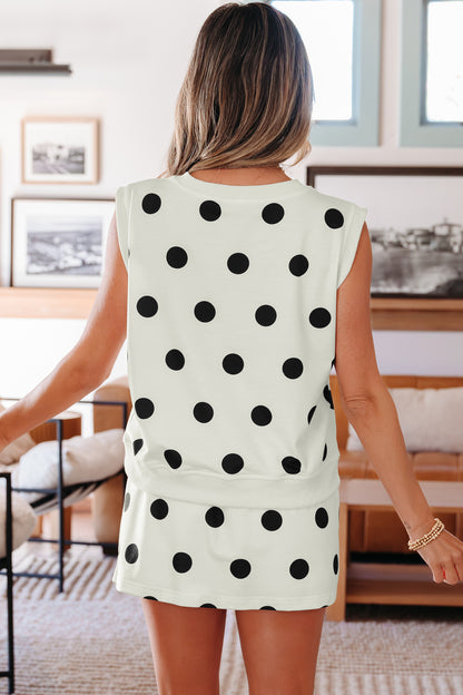 White Ribbed Trim Polka Dot Print Tank Split Mini Skort 2pcs Set