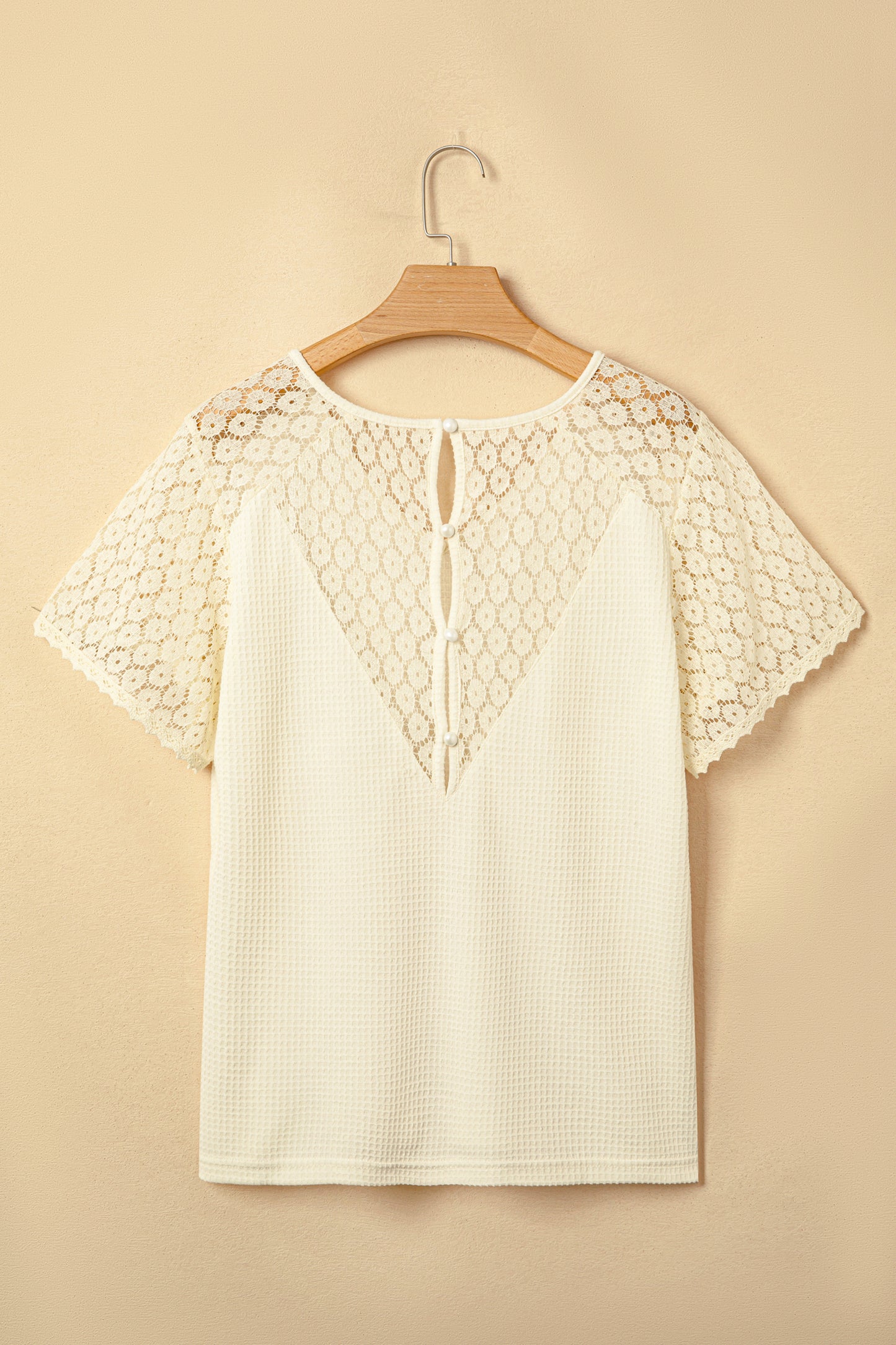 Beige Lace Splicing Button Cutout V Neck Waffle Knit Blouse