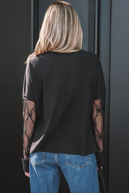 Solid Color Bow Textured Patchwork Long Sleeve Tee