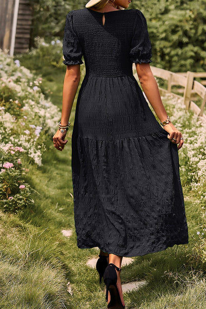 Solid Ruffle Puff Sleeve Flounce Hem Midi Dress