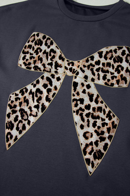 Contrast Leopard Bow Patched Short Sleeve T Shirt Long Dress