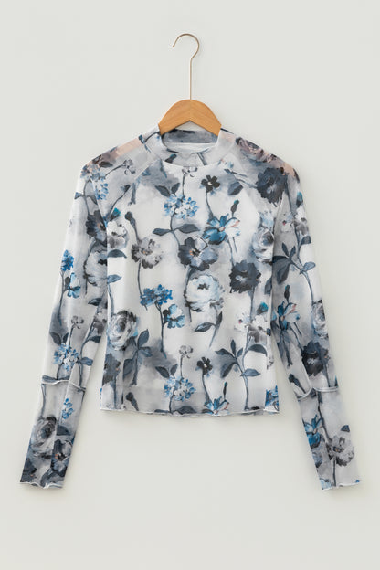 Sky Blue Floral Mesh High Neck Long Sleeve Sheath Top