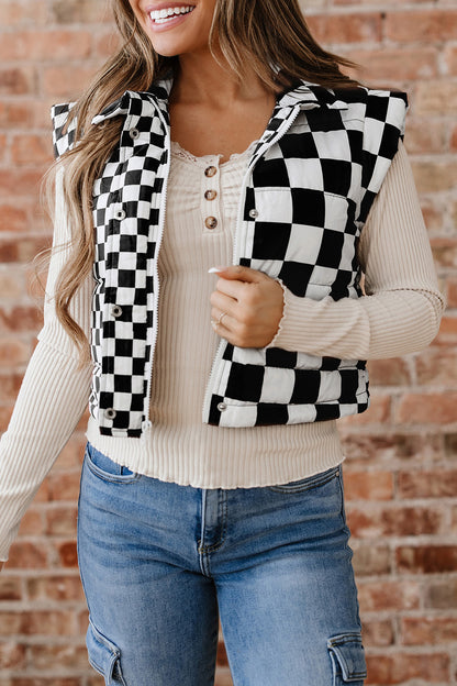 Brown Double Checked Stand Collar Cropped Puffer Vest