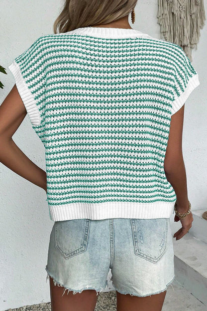 Green Stripe Ribbed Trim Loose Fit Knitted Sweater Vest