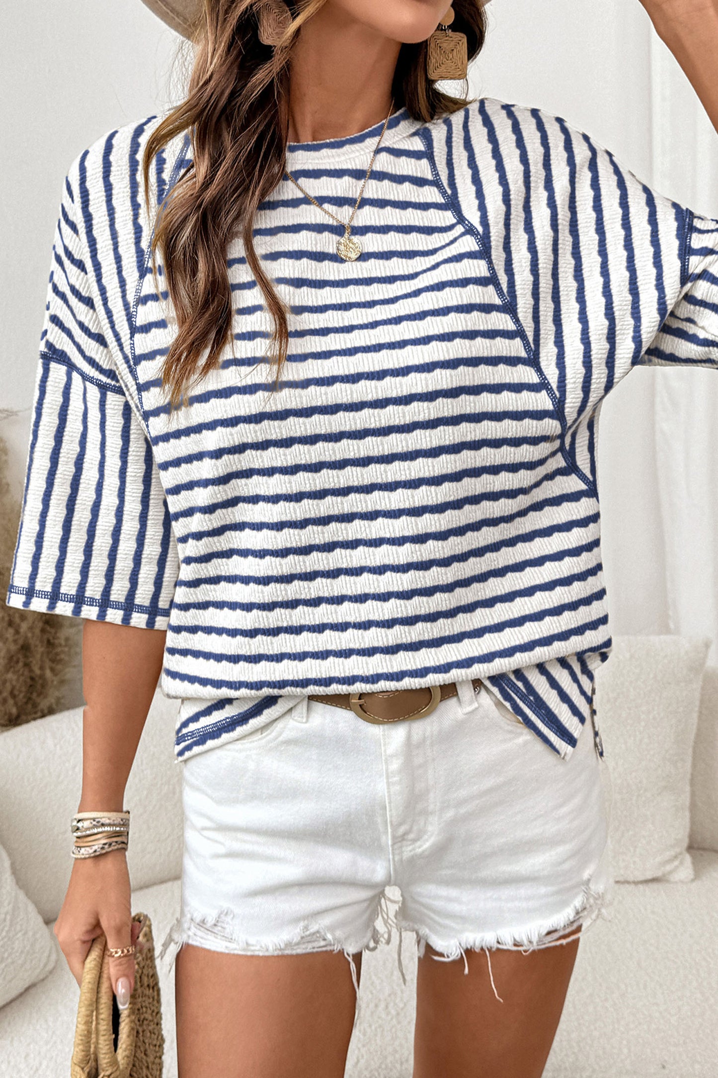 Stripe Textured Knit Split Hem Half Sleeve Loose Top