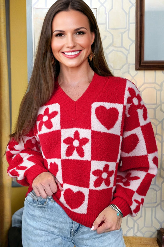 Fiery Red V Neck Flower Heart Detail Checkered Knit Loose Sweater