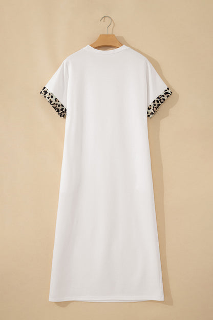 Contrast Leopard Bow Patched Short Sleeve T Shirt Long Dress