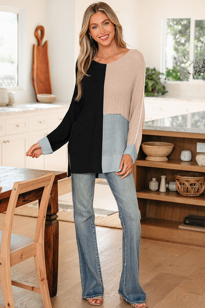 Chestnut Color Block Knit V Neck Loose Sweater