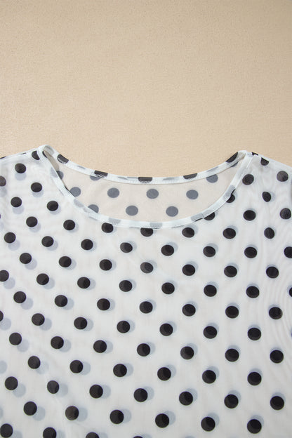 Black Polka Dot Sheer Mesh Long Sleeve Round Neck Shift Top