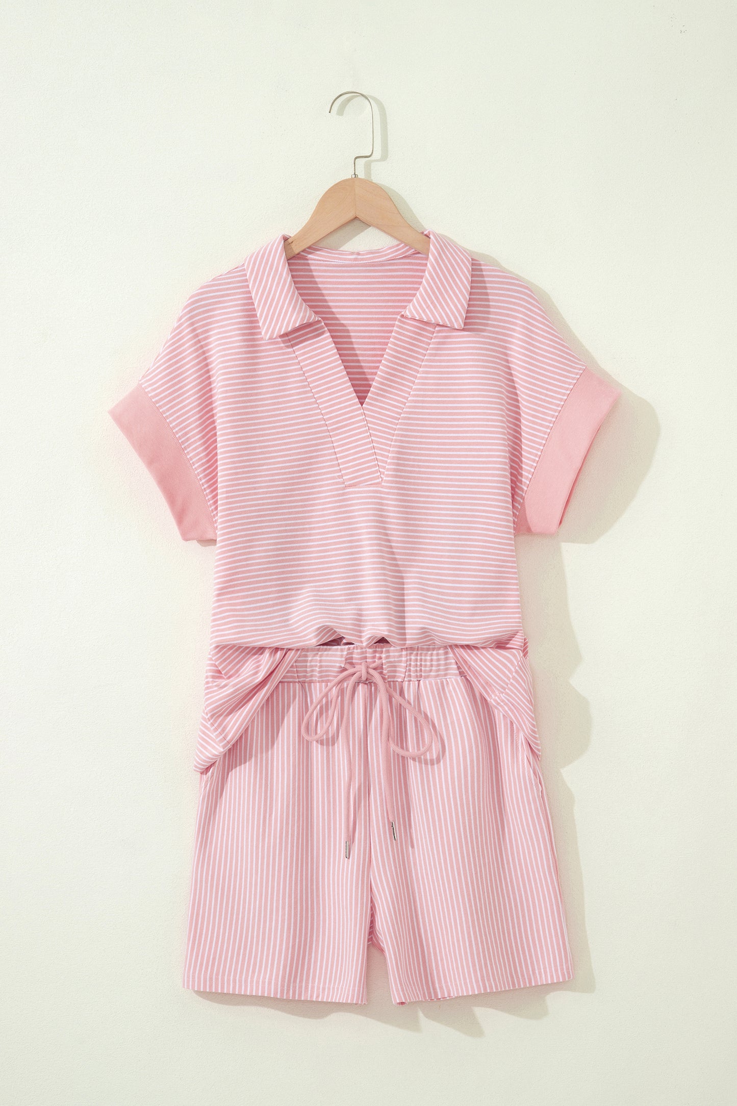 Stripe Dolman Sleeve Polo Shirt and Drawstring Shorts Set