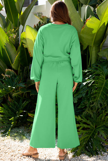 Drop Shoulder Puff Sleeve Crop Pullover Drawstring Wide Leg Pants Set