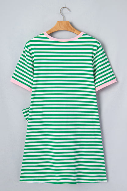 Stripe Nautical Tie Contrast Trim Round Neck T Shirt Mini Dress