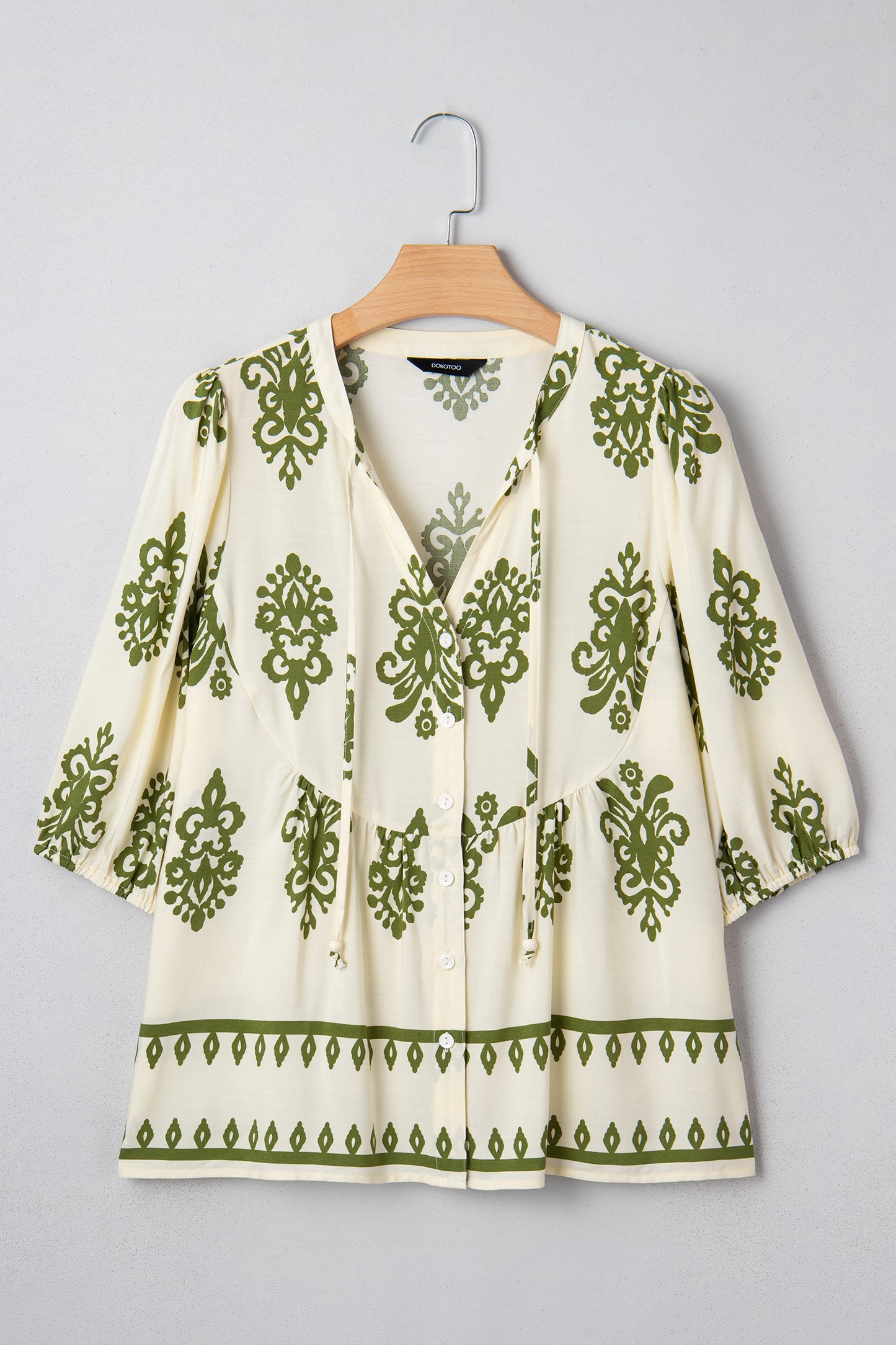 Apricot Floral Print Tie V Neck Button Down Puffy Half Sleeve Shirt