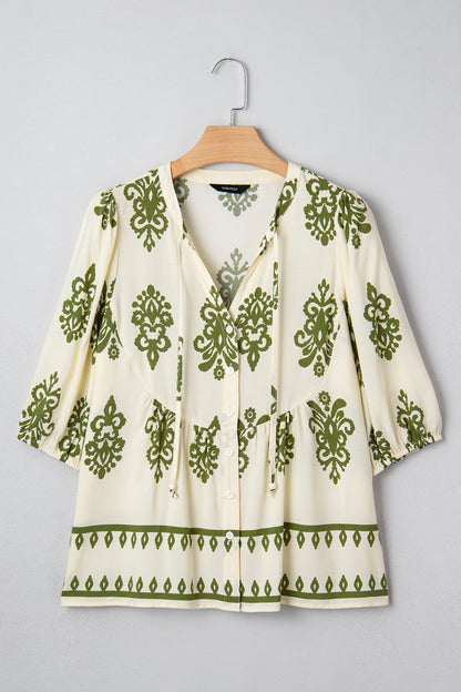 Apricot Floral Print Tie V Neck Button Down Puffy Half Sleeve Shirt