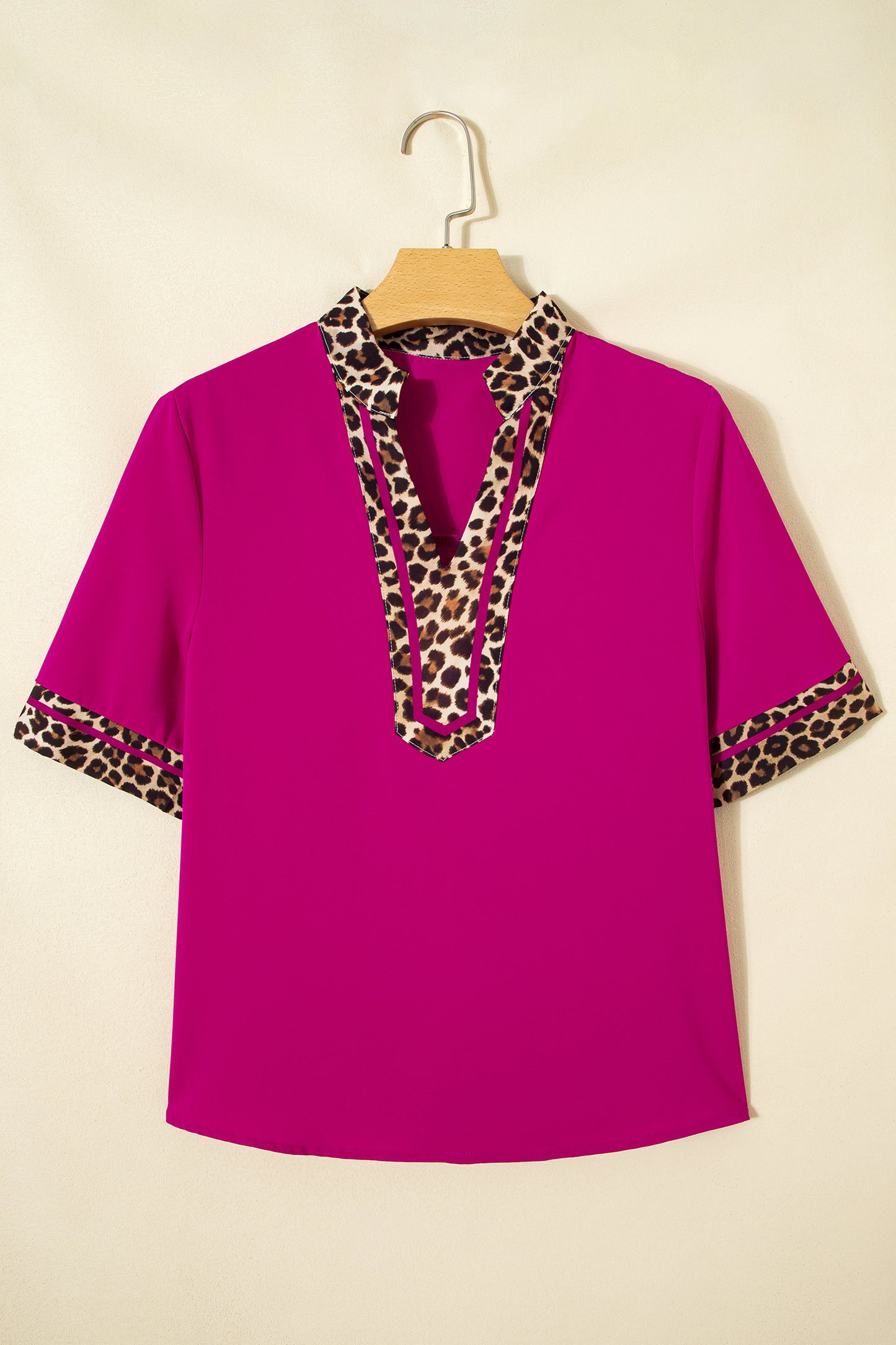 Leopard Patchwork Trim Split Neck Short Sleeve Blouse