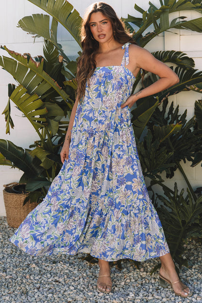 Sky Blue Floral Print Self-tie Straps Flowy Ruffle Long Dress